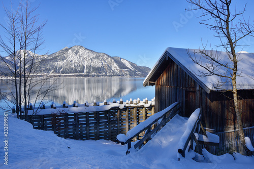 Germany, Bad Toelz-Wolfratshausen, boathouse at Lake Walchen in winter photo
