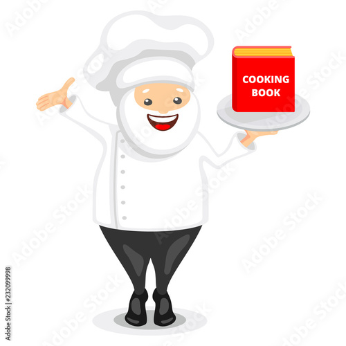 Cute chef character. Funny cook in white hat holding cooking book on a tray. Vector illustration in cartoon style.