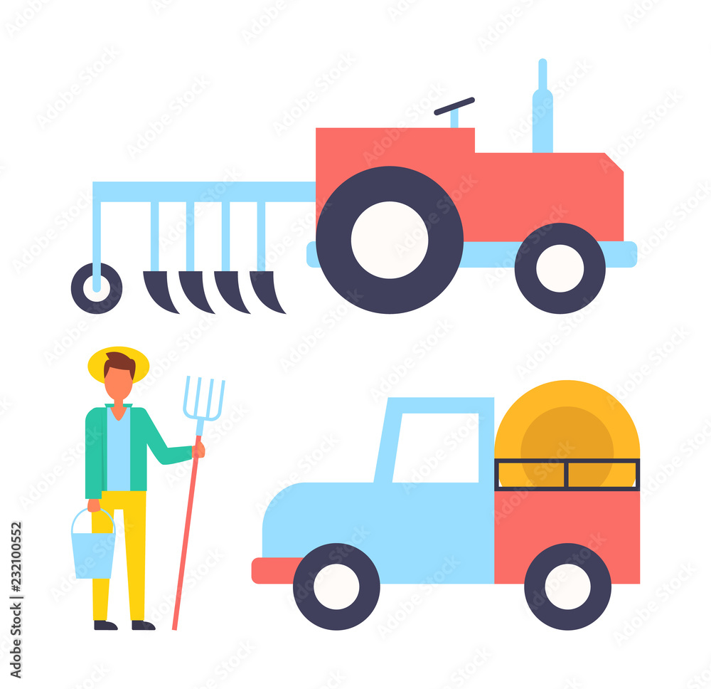 Farmer and Machinery Icons Set Vector Illustration Farmer and Machinery Icons Set Vector Illustration