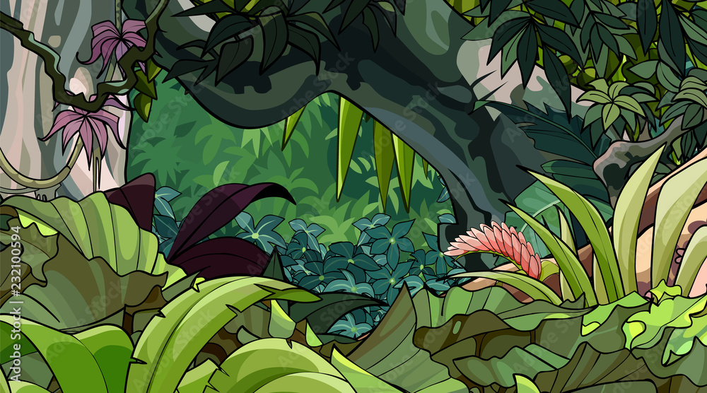 Naklejka premium kreskówka las tropikalny z różnorodną bujną roślinnością