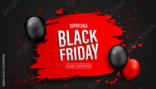 Black Friday Sale Poster. Seasonal discount banner with balloons and red grunge frame on black background. Holiday design template for advertising shopping, closeout on thanksgiving day