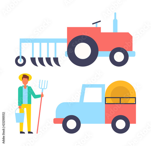 Farmer and Machinery Icons Set Vector Illustration