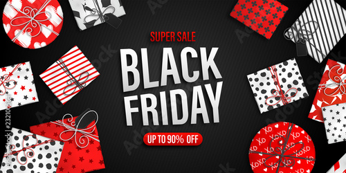 Black Friday Sale banner. Cool seasonal discount poster with red and white gift boxes on black background. Holiday design template for advertising shopping, closeout on thanksgiving day.