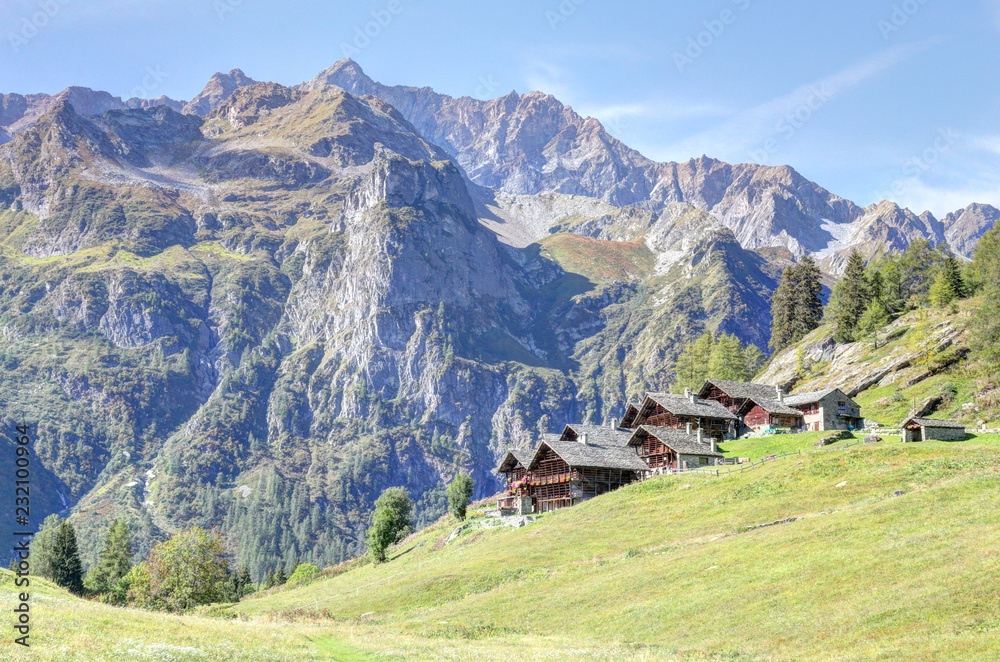 The Walser town of Dorf, with wood and stone lodges, high mountains, forests and pastures, in summer, in Val d'Otro valley, Alps mountains, Italy