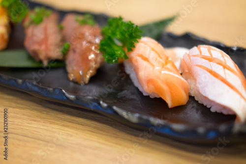 Japanese food in set different types of sushi