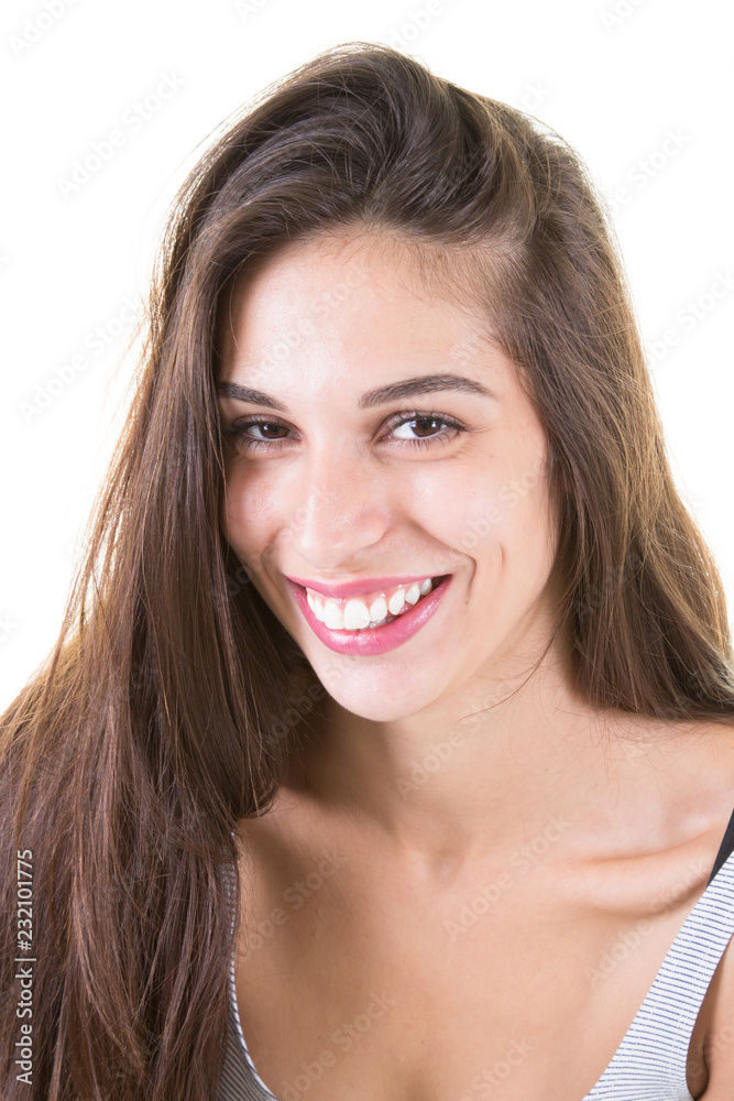 beauty portrait of beautiful young brunette woman looking at camera smiling beauty portrait of beautiful young brunette woman looking at camera smiling