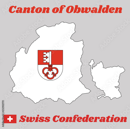 Map outline and Coat of arms of Obwalden, The canton of Switzerland with name text Canton of Obwalden and Swiss Confederation. photo