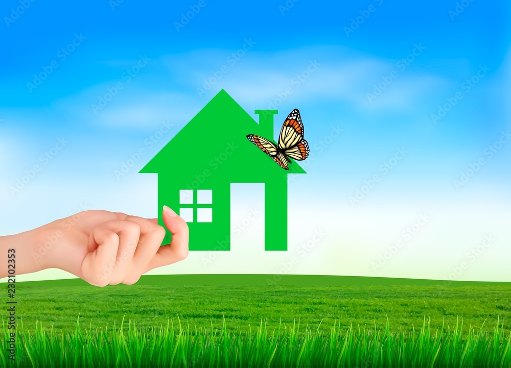 Creative Template Design for Real Estate. Hand holding a paper house with butterfly. Vector illustration. Creative Template Design for Real Estate. Hand holding a paper house with butterfly. Vector illustration.