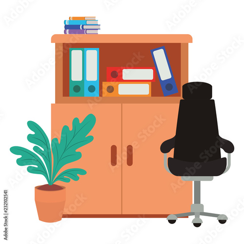 shelving with books and office chair isolated icon