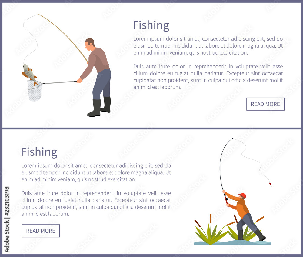 Fishing Posters Set Males Vector Illustration