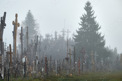 Hill of Crosses in the mist. photo