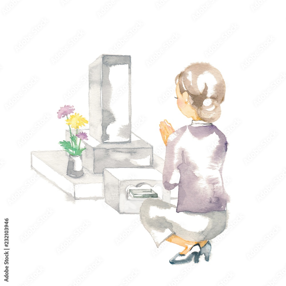 日本のお墓と手を合わせる女性 Stock イラスト Adobe Stock