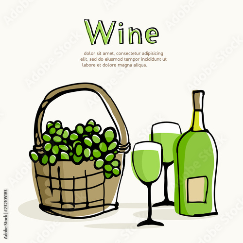 White wine and green grapes in wicker basket.