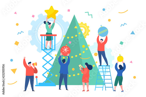 Funny mini business people people decorate the Christmas tree. New Year business concept.