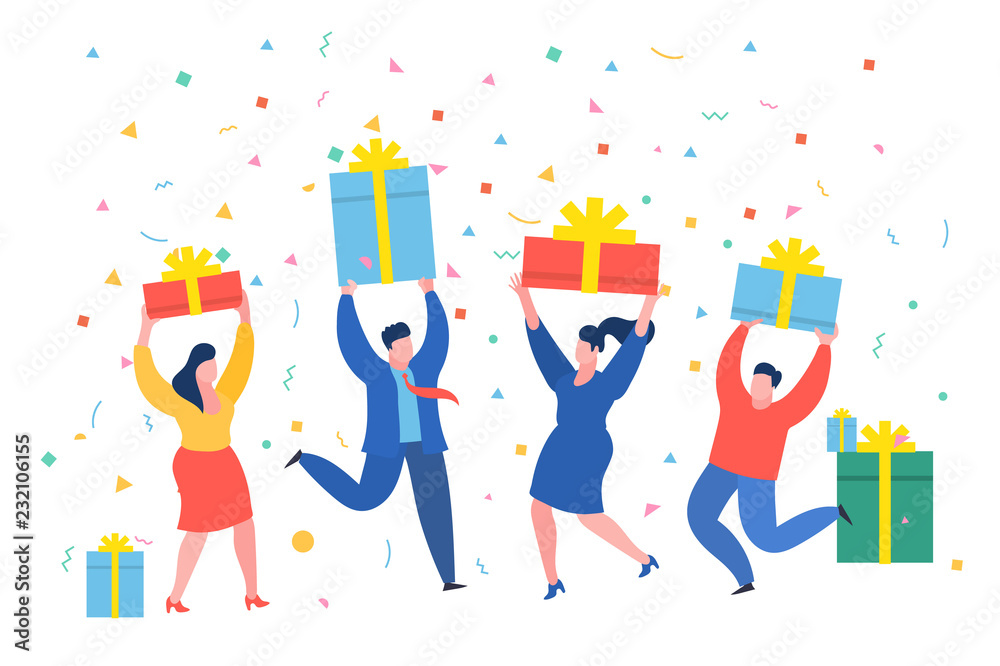 Funny mini business people people with gifts. New Year business concept. Funny mini business people people with gifts. New Year business concept.