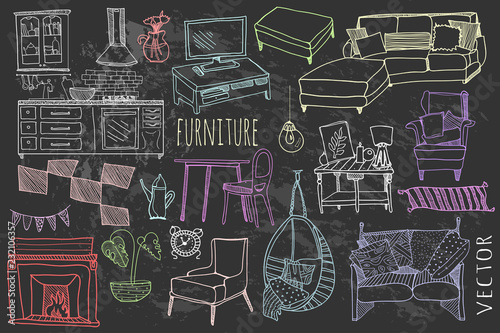 Hand drawn furniture. Kitchen and living room elements. Chalk style vector set