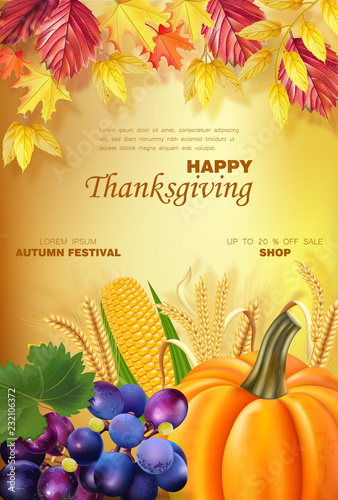 Happy thanksgiving menu Vector realistic. Pumpkin and fruits. Golden leaves b...