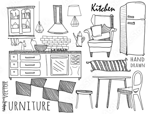 Hand drawn kitchen furniture. Graphic vector collection