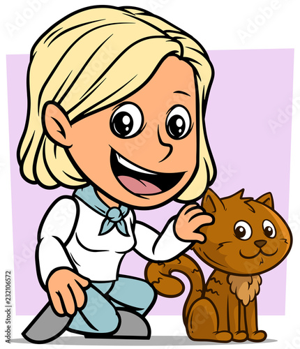Cartoon white cute flat blonde girl character caressing funny brown little cat on violet background. Vector icon.