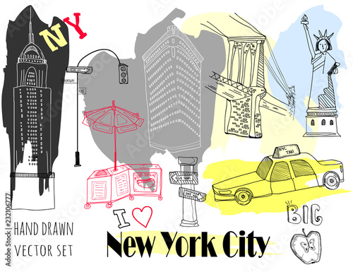 Hand drawn New York elements. Colored graphic vector set