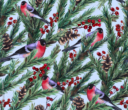 Seamless Christmas pattern with  Christmas tree  bullfinches  red winter berries. Christmas winter background painted by watercolor