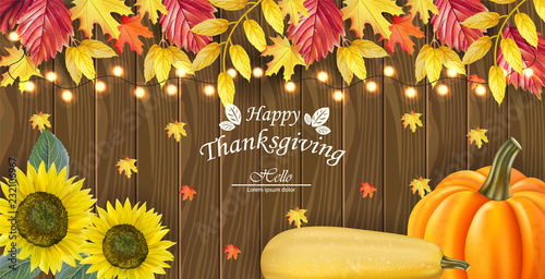 Happy thanksgiving card Vector. Fall leaves and fruits. 3d detailed symbols i...