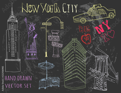 Hand drawn New York city elements. Chalk style vector set