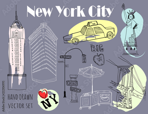 Hand drawn New York city elements. Vector set. Grey background