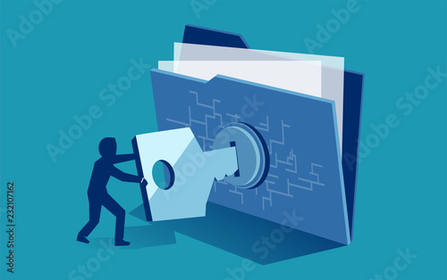 Cyber security digital file protection. Vector of man using security key to access digital file photo