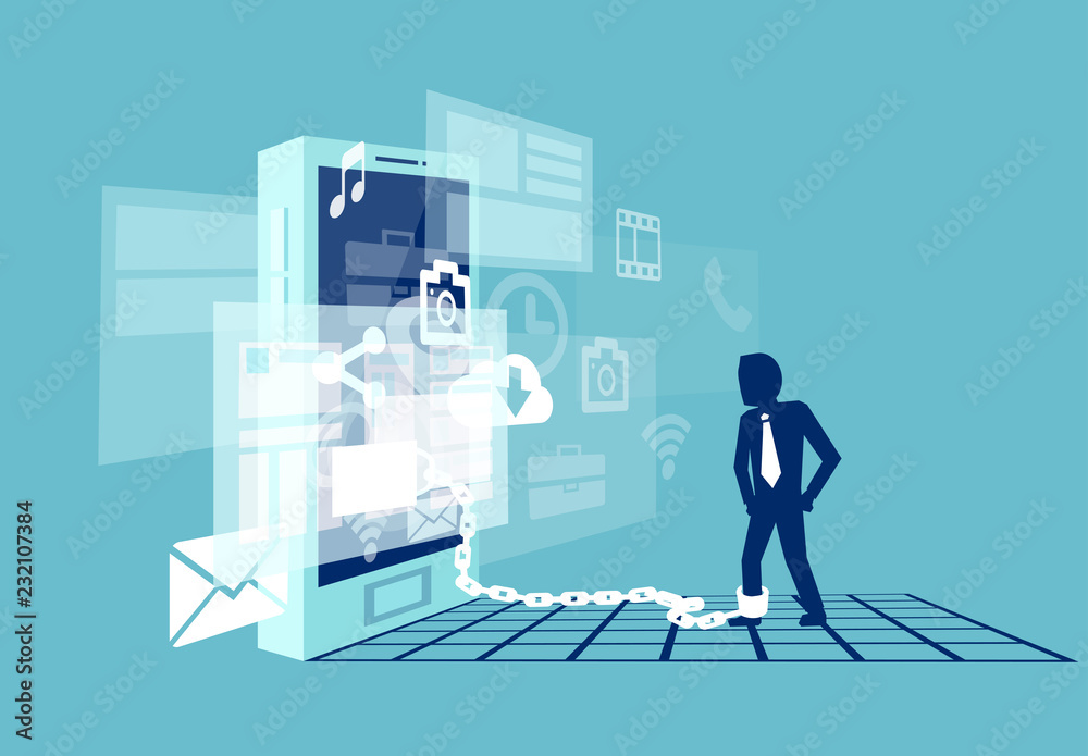Vector illustration of a businessman chained to a smart phone Vector illustration of a businessman chained to a smart phone