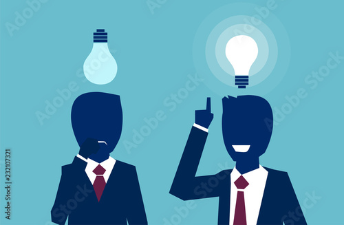 Vector of two businessmen thinking looking up at light bulbs one having a bright idea another feeling confused