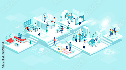 Isometric vector of a medical clinic hospital inpatient care with rooms, patients, doctors and nurses.