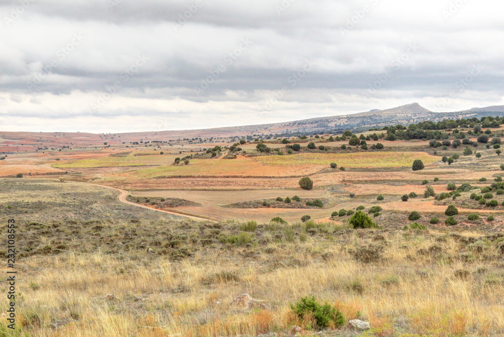 An unpaved GR24 path going through cultivated hills and ploughed fields during a cloudy autumn next to Calmarza, Aragon region, Spain