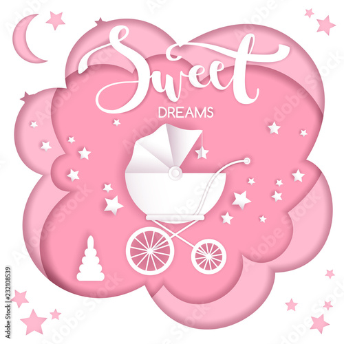 Vector paper cut illustration with baby's stroller. Night sweet 