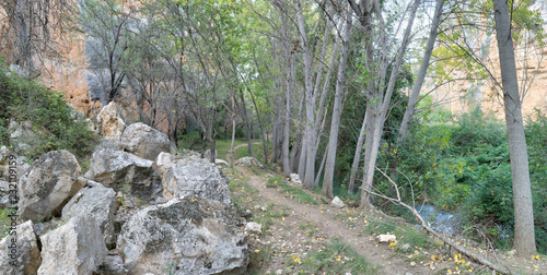 The Mesa river next to some rocks and a path in the Los Prados forest next to the rural small town of Jaraba, in Aragon region, Spain photo