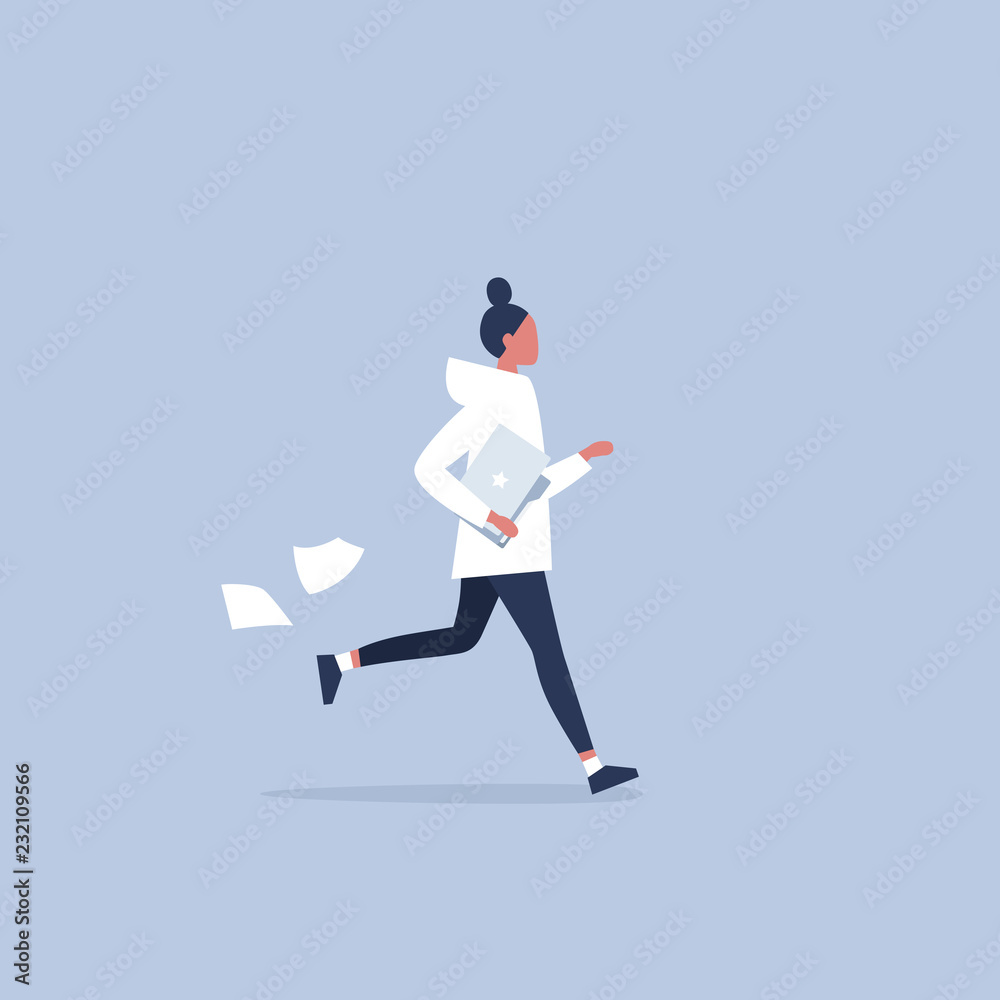 Young female character being late for a meeting. Office morning routine. Millennials at work. Flat editable vector illustration, clip art