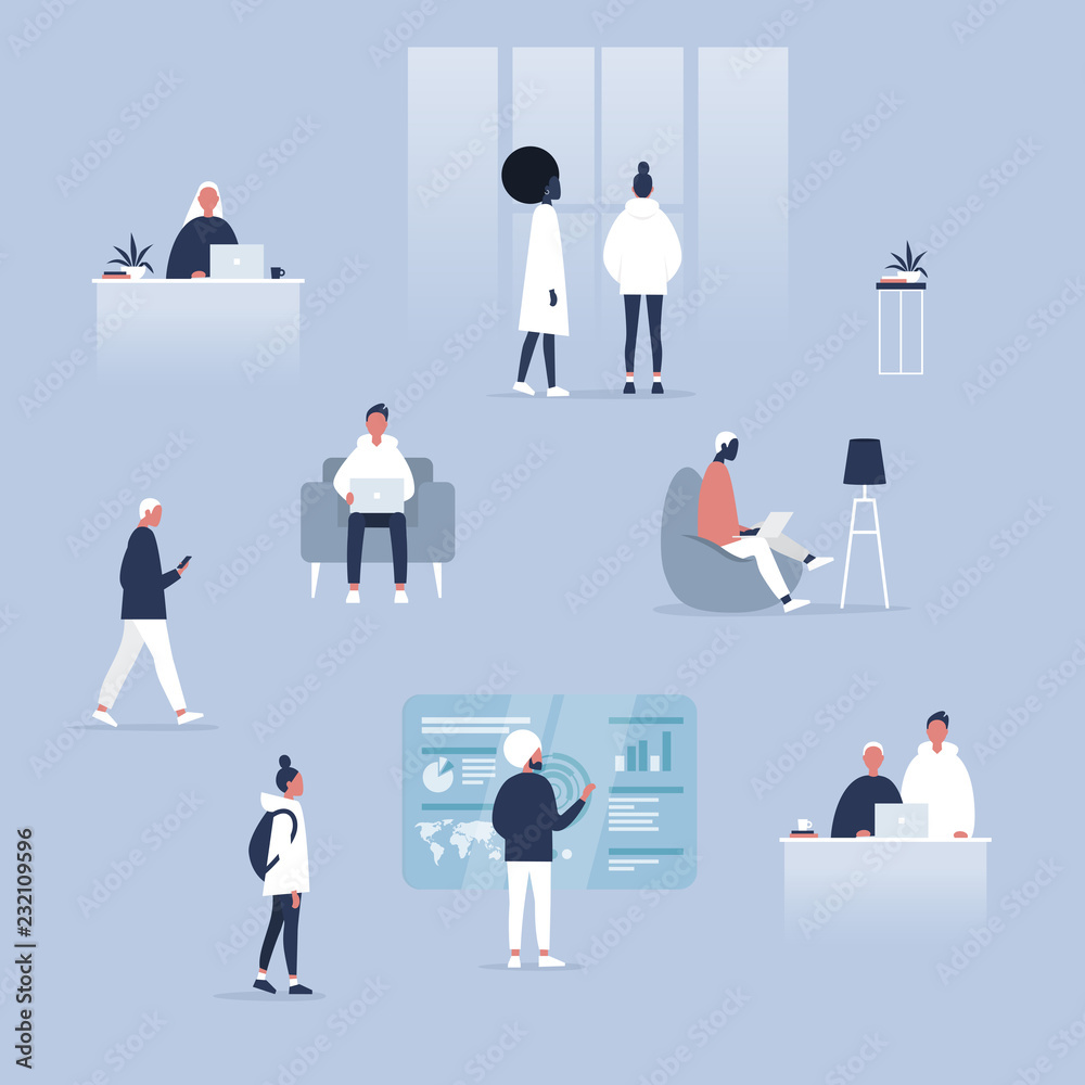 Big business set. Co-working space. Office life. Diversity collective. Startup. Millennials at work. Generation z. Technologies. Project management. Flat editable vector illustration, clip art Big business set. Co-working space. Office life. Diversity collective. Startup. Millennials at work. Generation z. Technologies. Project management. Flat editable vector illustration, clip art