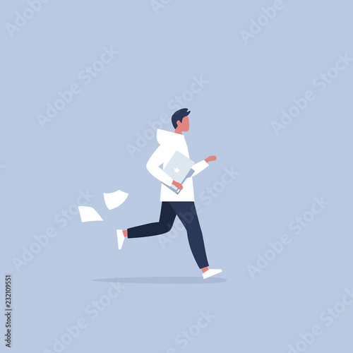 Young male character being late for a meeting. Office morning routine. Millennials at work. Flat editable vector illustration, clip art
