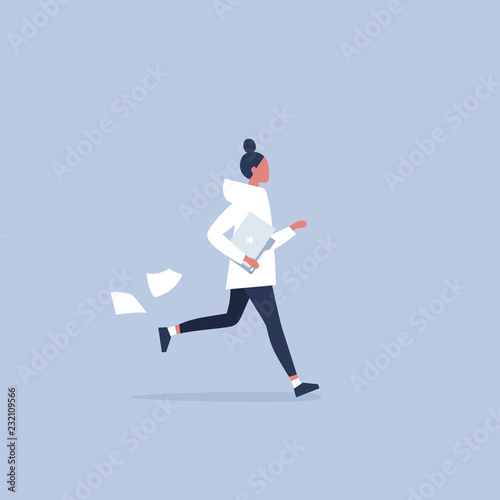 Young female character being late for a meeting. Office morning routine. Millennials at work. Flat editable vector illustration, clip art © nadia_snopek