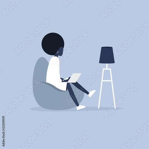 Office furniture. Young black female manager sitting on the bean bag chair. Daily life. Flat editable vector illustration, clip art