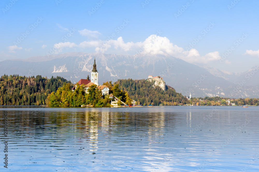 View at Bled lake and Pilgrimage Church of the Assumption of Mary in autumn