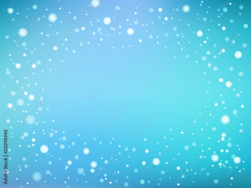 Blue and white abstract light spots or snowflakes or underwater bokeh frame background, vector