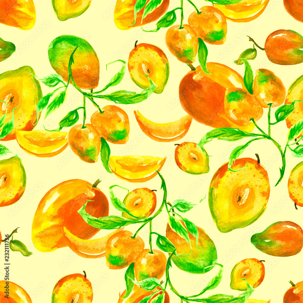 Obraz premium Watercolor seamless pattern, background with a pattern of tropical mango fruit. Mango tropical fruits on branches with leaves, slices