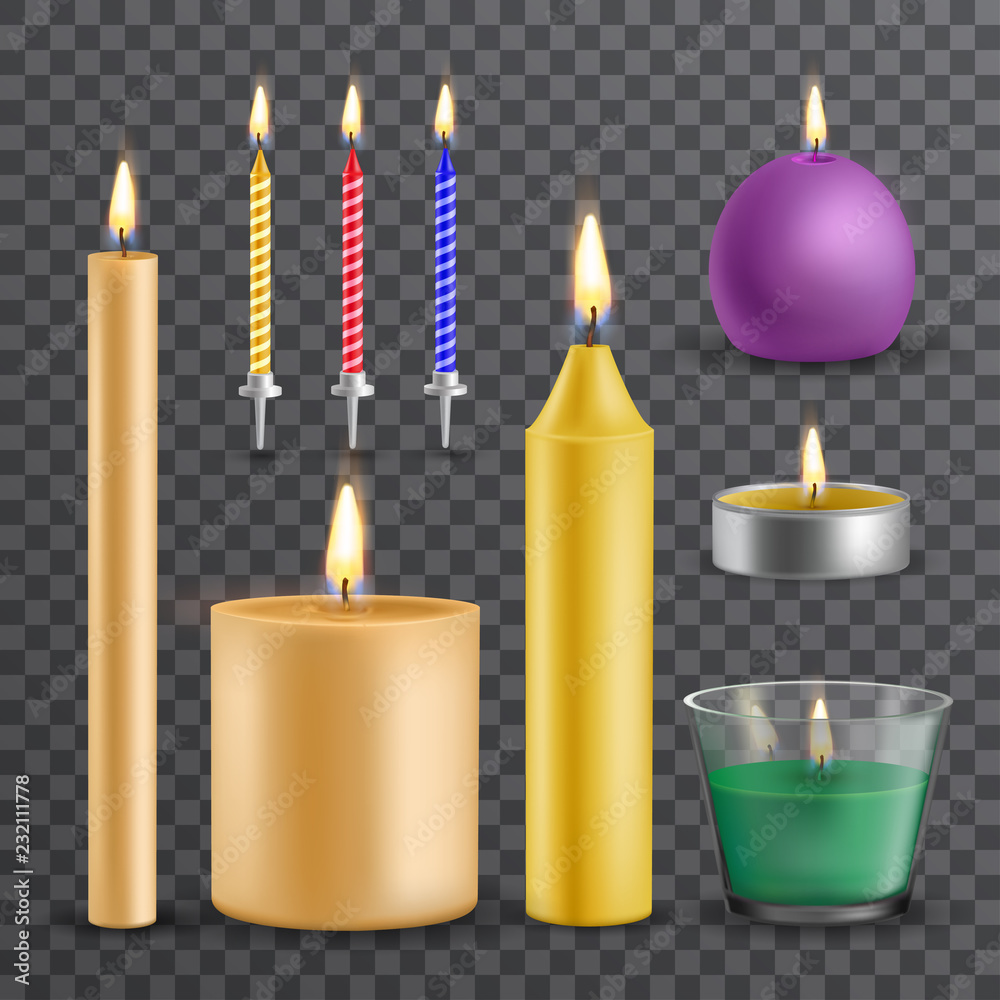 Realistic flame and light, burning candle set Realistic flame and light, burning candle set