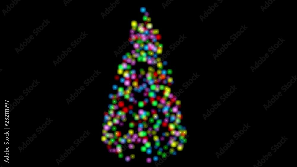 Colorful lights form Christmas tree with twinkling points , glows rising up. 3d animation. Black and white alpha matte