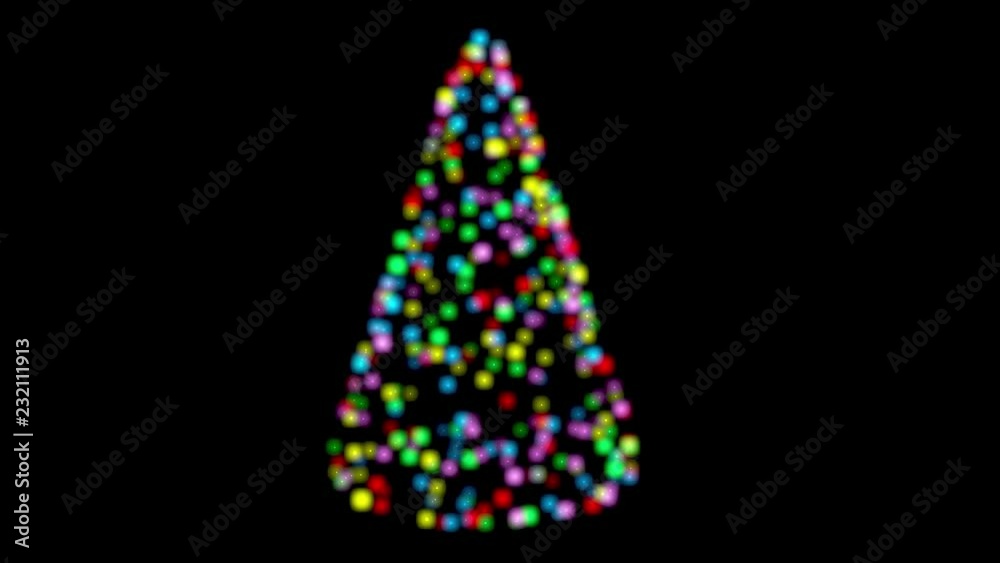 Colorful lights form Christmas tree with twinkling points , glows. 3d animation. Black and white alpha matte