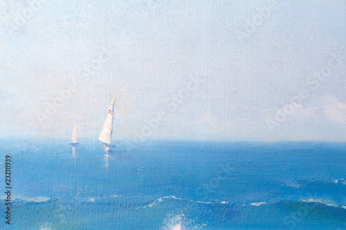 Sea painting. calm and boat on canvas oil painting for the background of a major stroke.