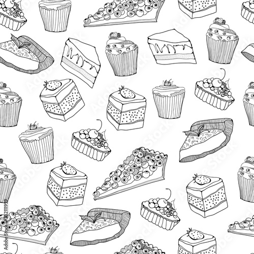Hand drawn graphic cakes and muffins. Vector seamless pattern