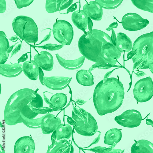 Watercolor seamless pattern, background with a pattern of tropical mango fruit. Mango tropical fruits on branches with leaves, slices
