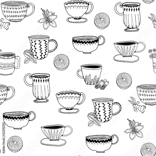 Hand drawn graphic tea cups. Various sorts of tea. Vector seamless pattern